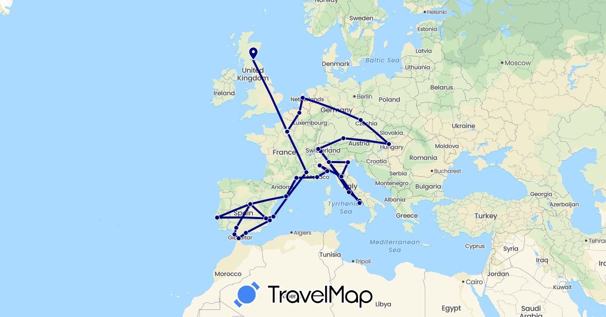 TravelMap itinerary: driving in Belgium, Switzerland, Czech Republic, Germany, Spain, France, United Kingdom, Hungary, Italy, Netherlands, Portugal (Europe)